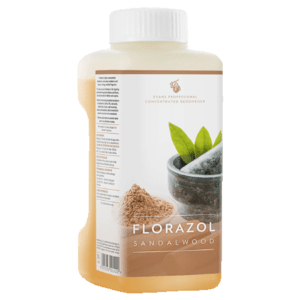 Evans Florazol Sandalwood Concentrated Deodoriser – 1L high-strength deodoriser for care homes, washrooms, and waste areas. Long-lasting odor control with fresh fragrance.
